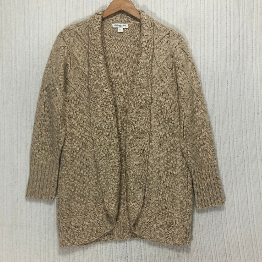 Coldwater Creek Womens Cardigan XS Cable Knit Open Front Cotton Blend Tan Beige